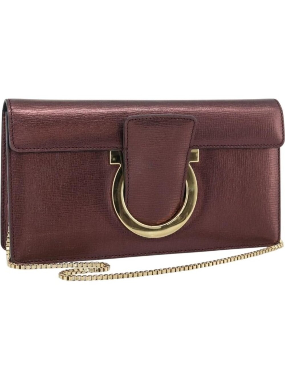 Salvatore Ferragamo Gancini Chain Shoulder Bag Leather Brown Gold